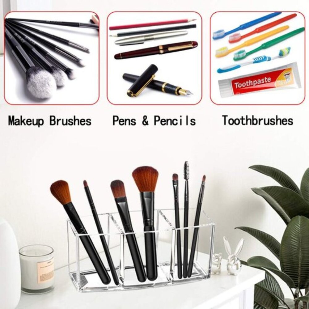 New Acrylic Makeup Brush Organizer, Clear 3-Slot Holder for Cosmetic Brushes - Picture 7 of 7